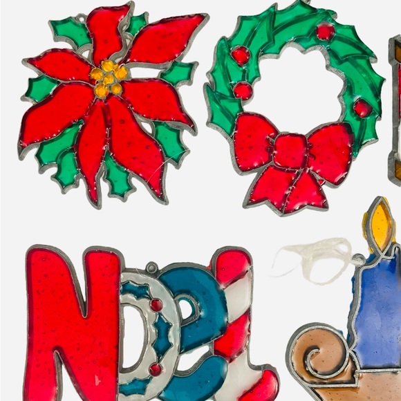 6 Vintage Suncatcher Christmas Ornament Faux Stained Glass Noel Wreath Candle 4" - Picture 4 of 14